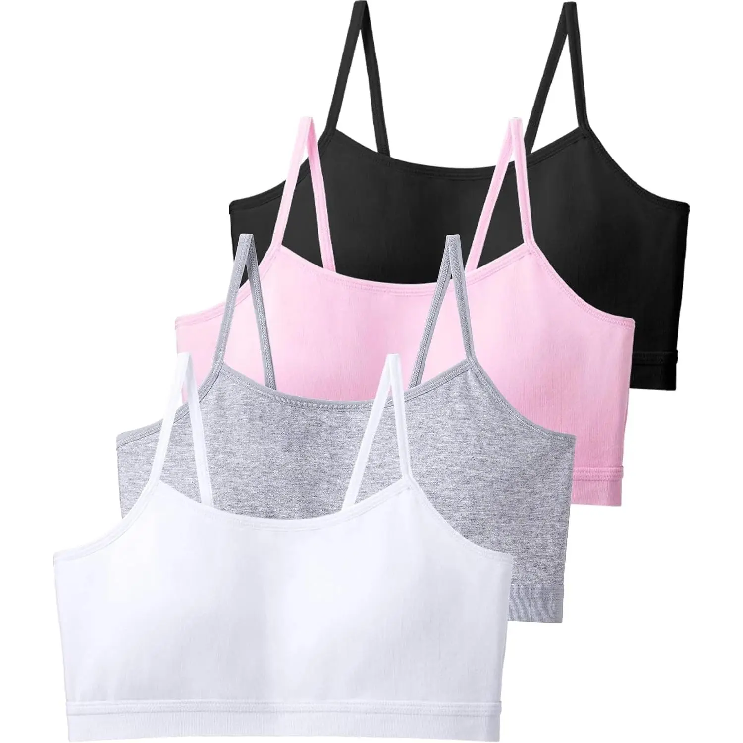 4-Pack Cotton Training Bras for Teen Girls | Sports Bra with Fixed Pads & Cami Bras, Ages 9-15 Years