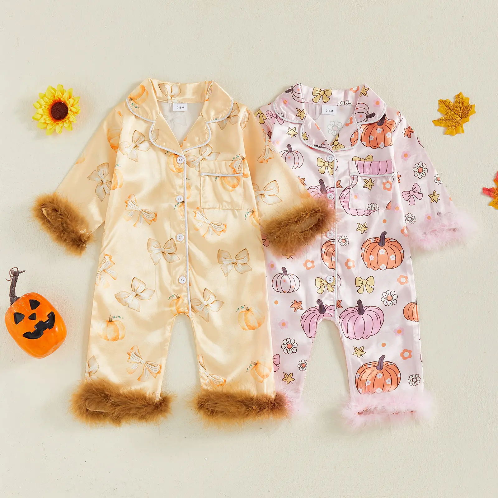 Halloween Baby Boy Girl Button Down Pajamas Romper  Jumpsuit Long Sleeve Sleeper Infant Sleepwear