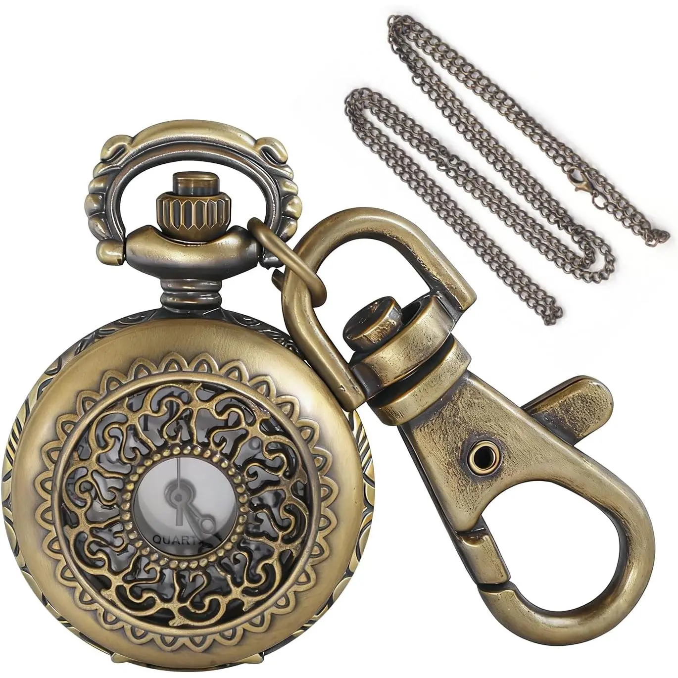 Vintage Mini Bronze Engraved Pattern Unisex Quartz Pocket Watch - Small Size with Keychain & Necklace Chain, Retro Pendant Watch Accessory Gift (KPW-13)