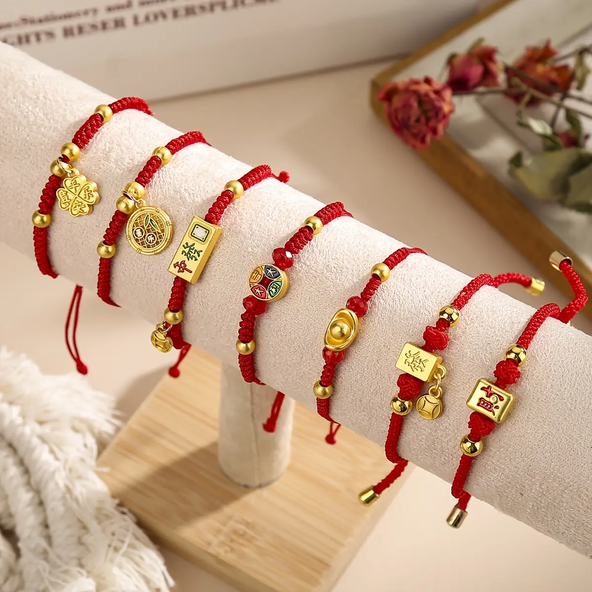 7pcs New Chinese Handmade Weaving Red Rope Golden Ingot Pendant Accessories New Men's and Women's Wealth Attraction Adjustable Hand Rope Girlfriend Couple Style