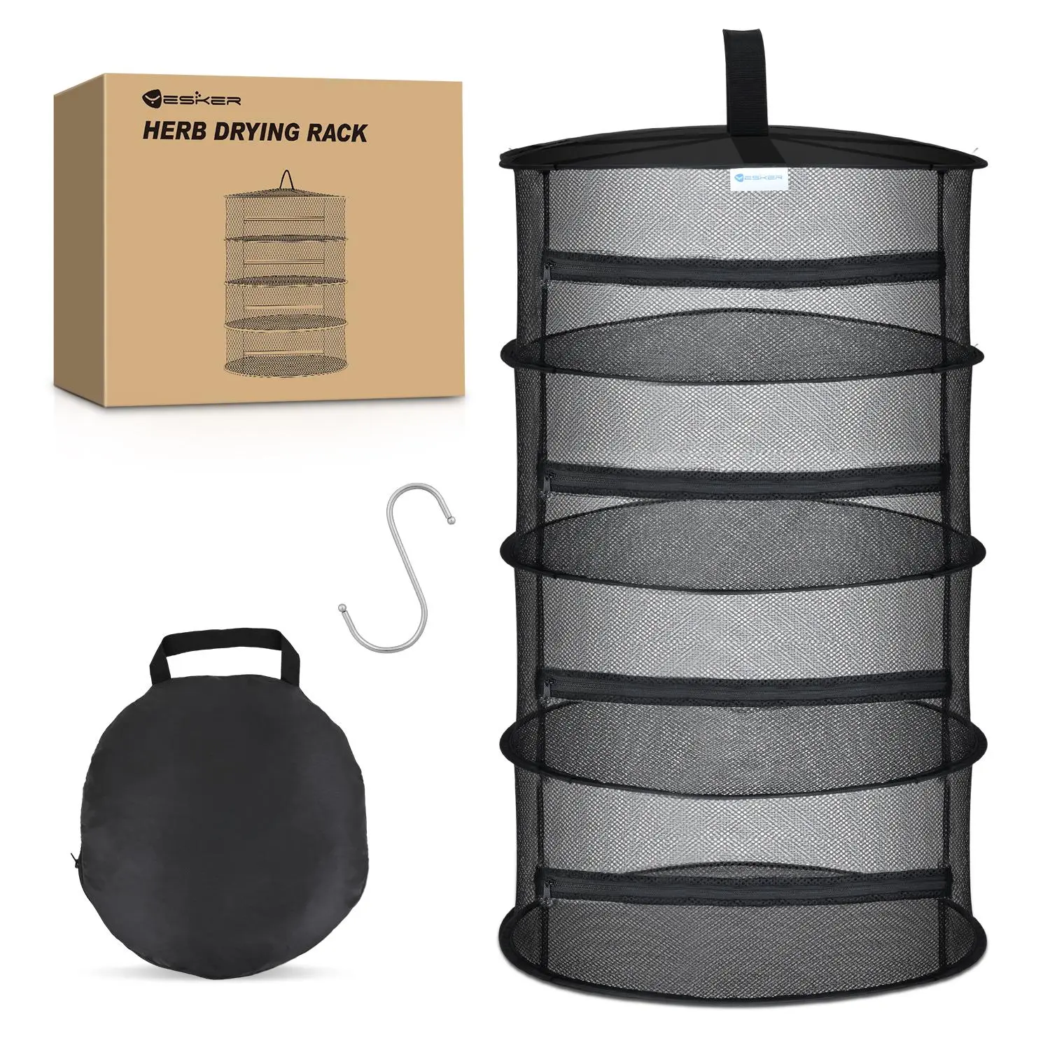 Yesker Multi-Layer Hangable Herb Drying Rack, 17.7" Dia. Polyester Steel Mesh Net with Black Zipper & Hook, Foldable Waterproof Heavy Load Dryer for Herbs, Grow Tents, Father's Day Gift (Sports & Outdoor)