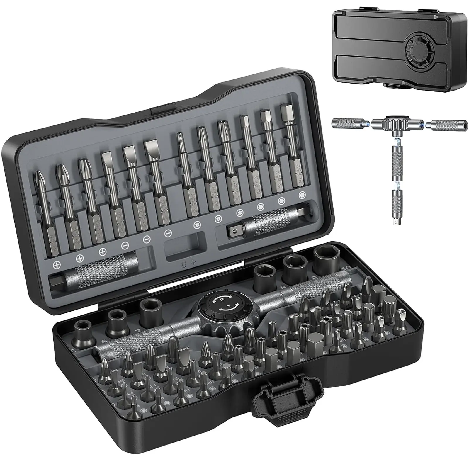 69 in 1 Magnetic Screwdriver Set with 4 Handles, Ratcheting Screwdriver Set, S2 Steel Bits, Precision & T-Handle, Multi Bit Tool Kit, Multipurpose Screwdriver Kit, T Shaped Screwdriver for Home, Auto, Repair, Furniture