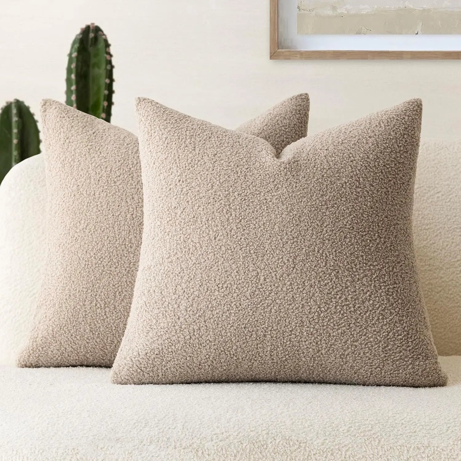 Pack of 2, Curly Faux Fur Decorative Throw Pillow Covers Soft Neutral Plush Cushion Case with Zipper Cozy Pillowcase for Home Living Room Couch Bed Sofa 20 x 20 Inch, Beige