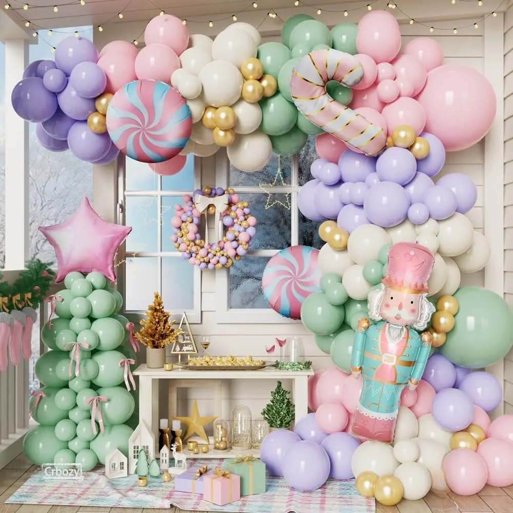 176 count Pastel   Green Balloon Garland Arch Kit,   Green Balloons with Nutcracker Soldier Candy Cane Foil Balloons for Christmas Holiday Birthday  Shower Party Decorations