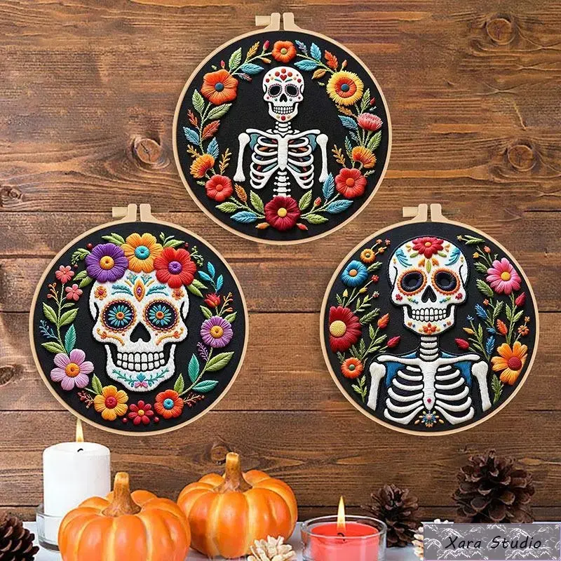 Cross Stitch Kit - Skeleton DIY Craft Set with Sugar Skull Floral Design and Plastic Hoop, Festive Home Decor Wall Art, Great Gift, Easy-To-Use, 3D Skull, All Necessary Tools, Halloween, Room Decor, Diy Kit, Beginner-Friendly, Skull Motif