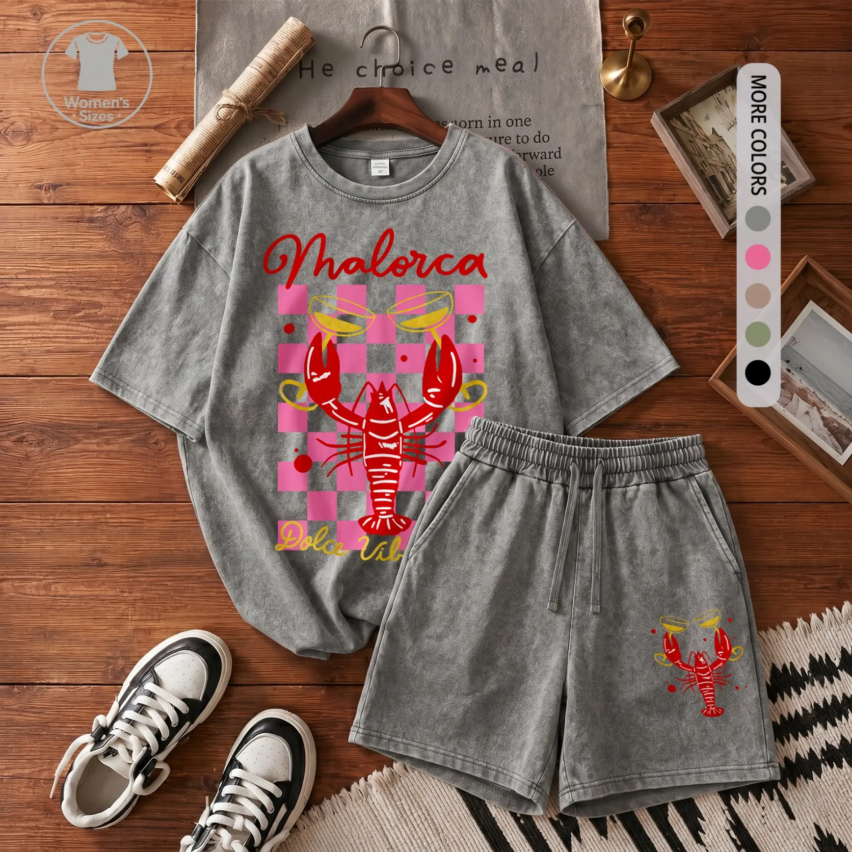 Women’s 100% Cotton Malorca Lobster Graphic Washed T-Shirt & Bermuda Shorts Set, Casual Crew Neck Two-Piece Outfit With Drawstring Waist, Soft Vintage Look