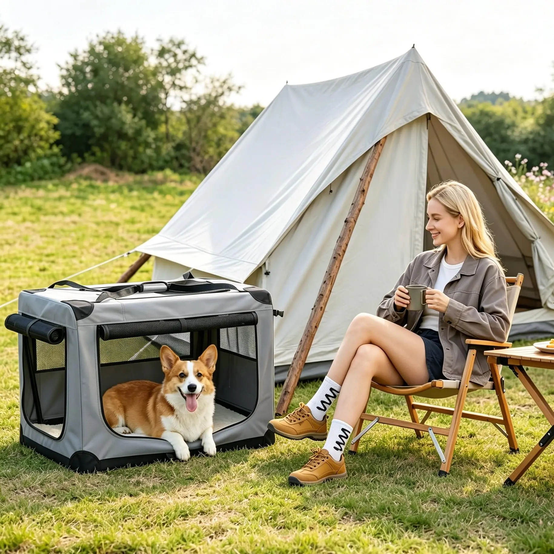 Collapsible Soft Dog Crate for Large Dogs, 3-Door Travel Kennel with Fleece Bed, Storage Pocket & Locking Zippers, M/L/XL/XXL
