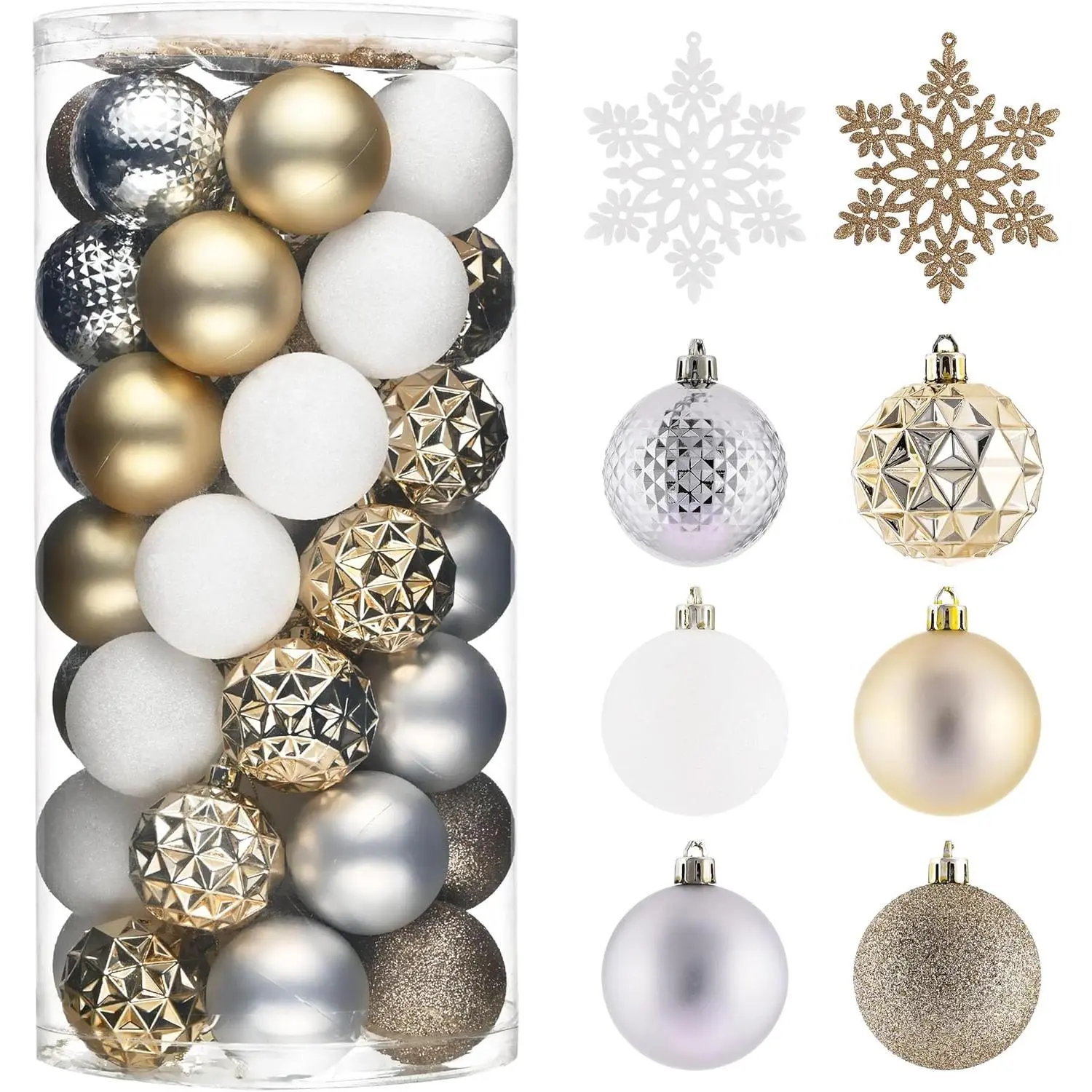 White Gold Shatterproof Christmas Ball Ornaments Set - 50ct, 2.36in Hangable Bulk Pack Boxed Set, Home Holiday Decor for Xmas Tree, Party