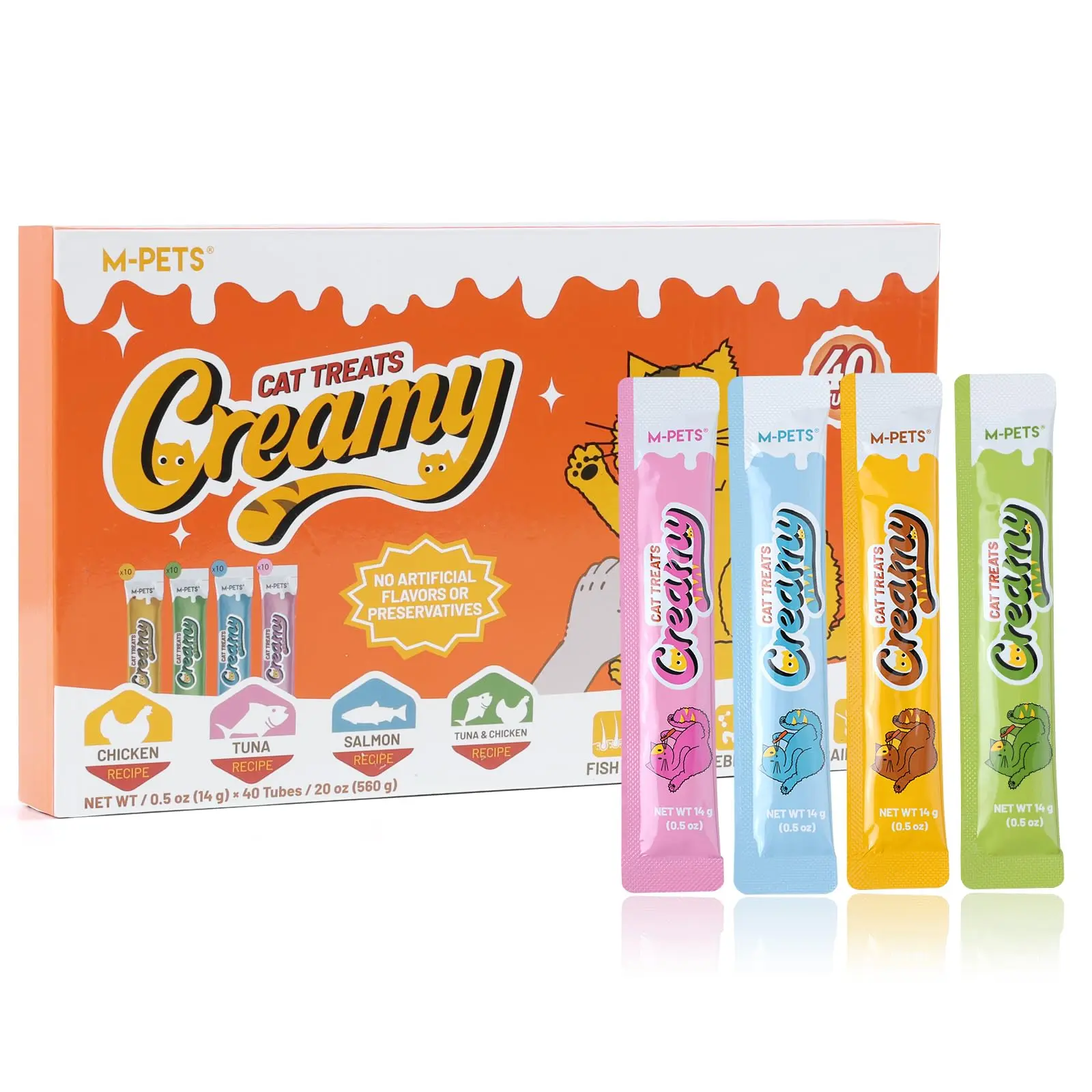 M-PETS Creamy Lickable Cat Treats – 4 Flavor Variety Pack, 40 Tubes of Healthy Squeeze Up Snacks with Functional Nutrients for Hydration, Skin & Coat, and Digestive Health – Grain Free, High Protein