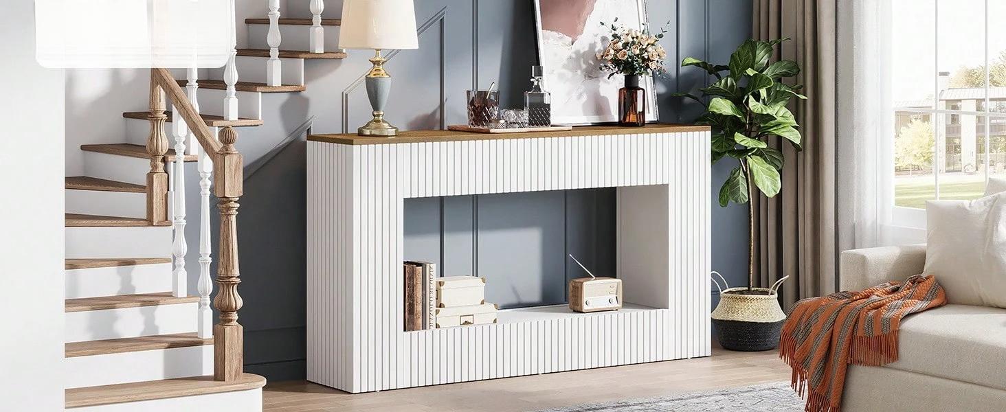 Modern Console Table, 55-Inch Wood Entryway Table With Storage, Narrow Long Sofa Table Behind Couch Table For Living Room, Foyer, Hallway, White