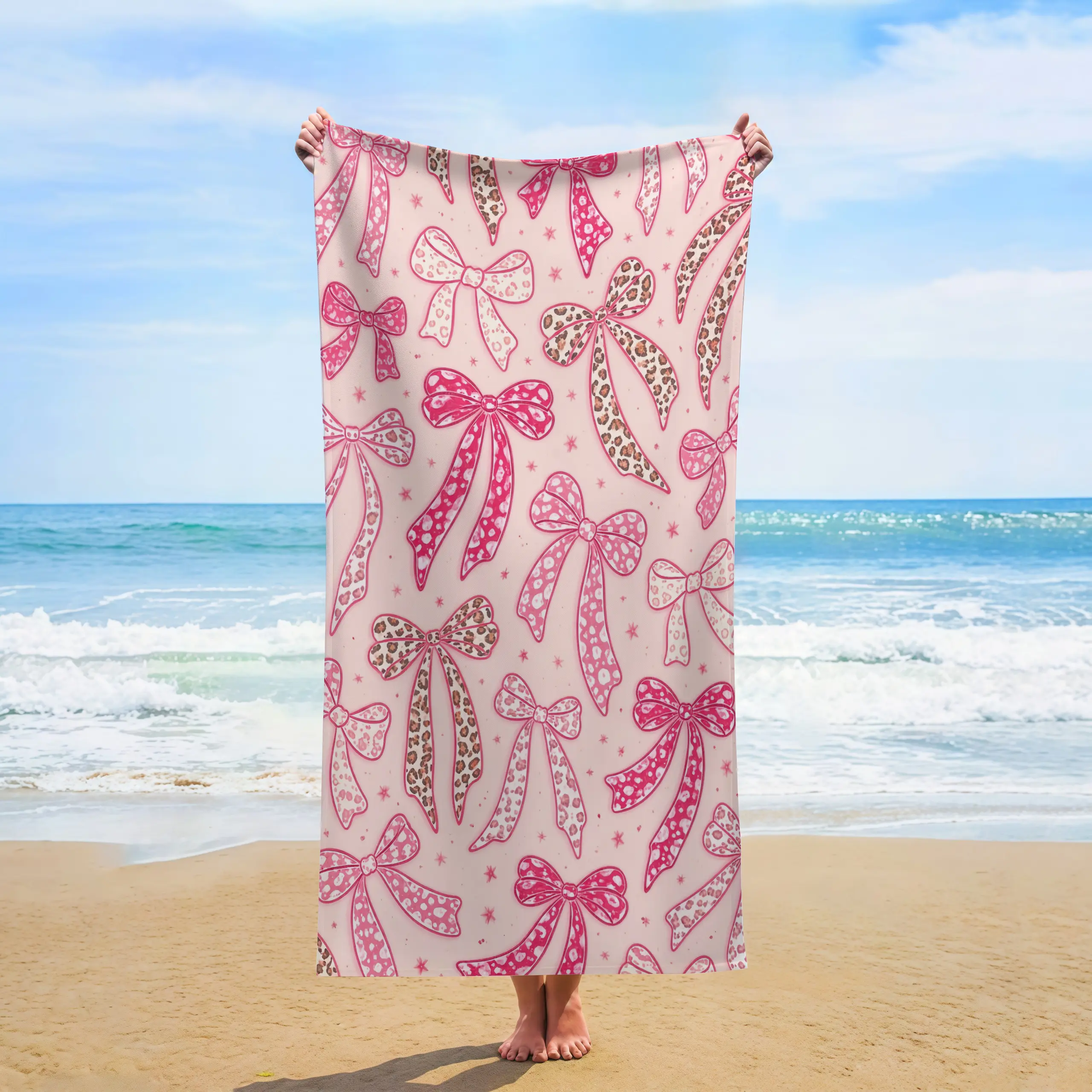 Coquette Pink Bow Beach Towel, Cute Ribbon Bow All Over Print Microfiber Beach Towel,Girly Aesthetic Quick Dry Swim Towel for Beach Pool Vacation, Multiple Pattern Options,Trendy Coquette Style Summer Accessory & Gift For Coquette Girls