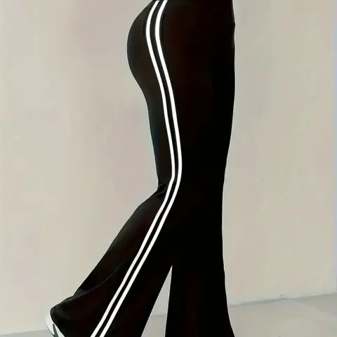 【Black Friday】Women's High-Waist Drapey Bell Bottoms, Tight-Fit Striped Sport Pants, Athleisure Style Bottoms, Yoga Workout Trousers, Flared Yoga Bottoms, Activewear for Yoga