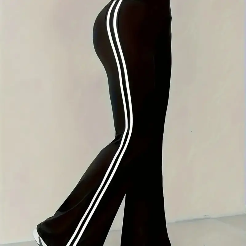 【Black Friday】Women's High-Waist Drapey Bell Bottoms, Tight-Fit Striped Sport Pants, Athleisure Style Bottoms, Yoga Workout Trousers, Flared Yoga Bottoms, Activewear for Yoga