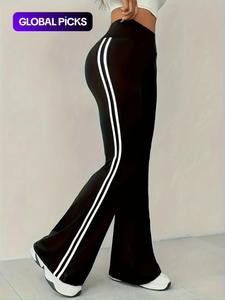 Women's High Waist Drapey Bell Bottoms, Tight Fit Colorblock Sport Pants, Stylish and Comfortable Casual Wear, Stretchy High Waist