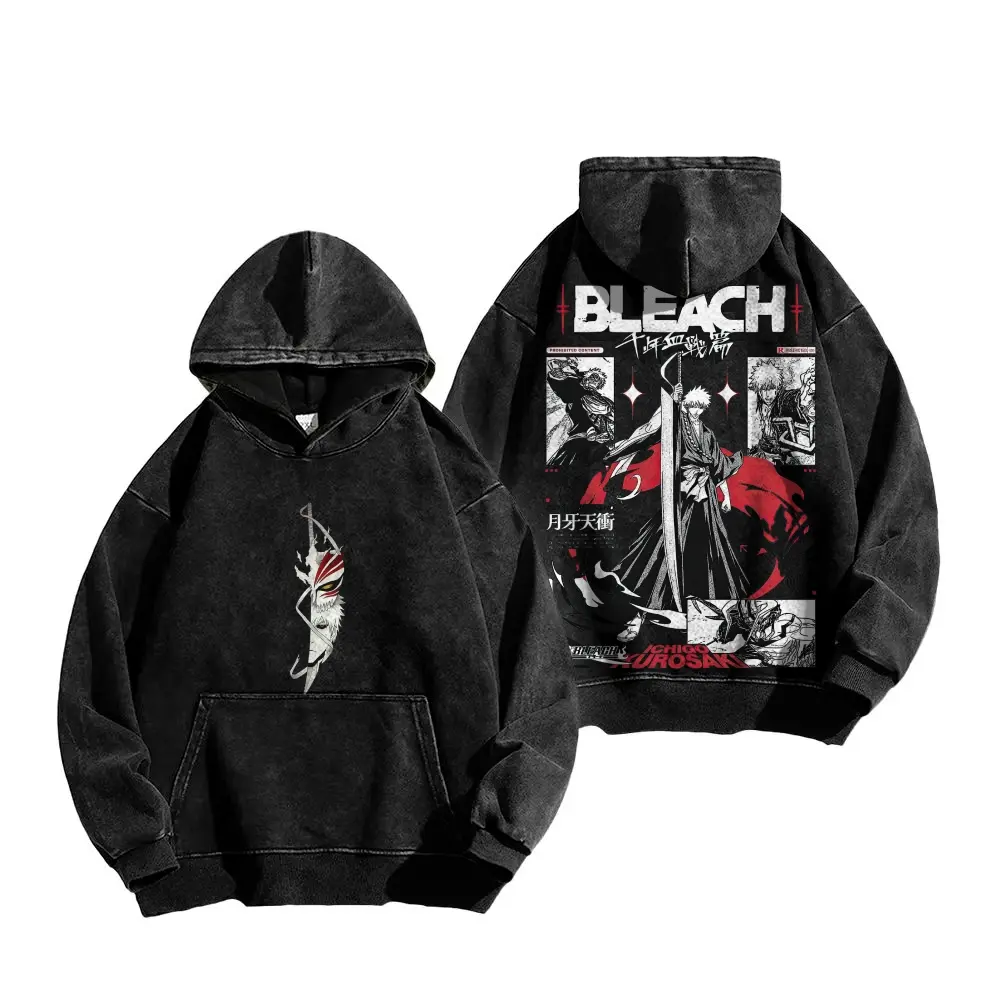 Unisex Vintage Washed Pullover Hoodie, Japanese Samurai Warrior Art Double‑Sided Graphic Print Hooded Sweatshirt, Oversized Retro Streetwear Fleece Top with Kangaroo Pocket, Multiple Colors Available