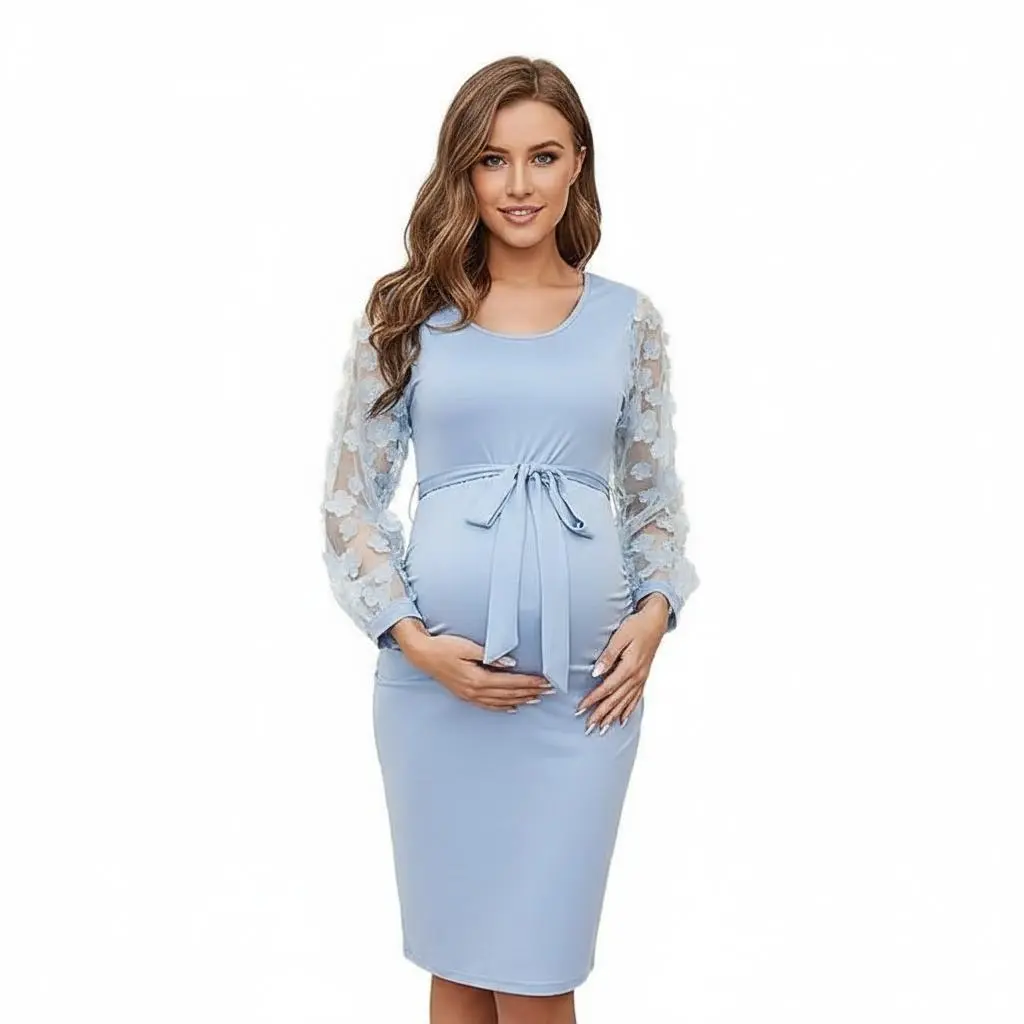 Women's Maternity Floral Mesh Long Sleeve Dress Elegant Round Neck Pregnancy Dress for Baby Shower, Party, Soft Stretch Comfortable Slim Fit Nursing Friendly  BYL