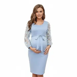 Women's Maternity Floral Mesh Long Sleeve Bodycon Dress Elegant Round Neck Pregnancy Dress for Baby Shower, Photoshoot, Party, Soft Stretch Comfortable Slim Fit Nursing Friendly