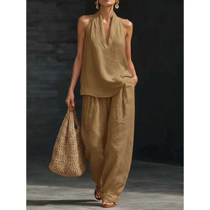 Summer Bohemia Linen Set for Women - Halter Neck Sleeveless Top & Loose Wide Leg Pants, Beach Vacation Brunch Casual Outfit