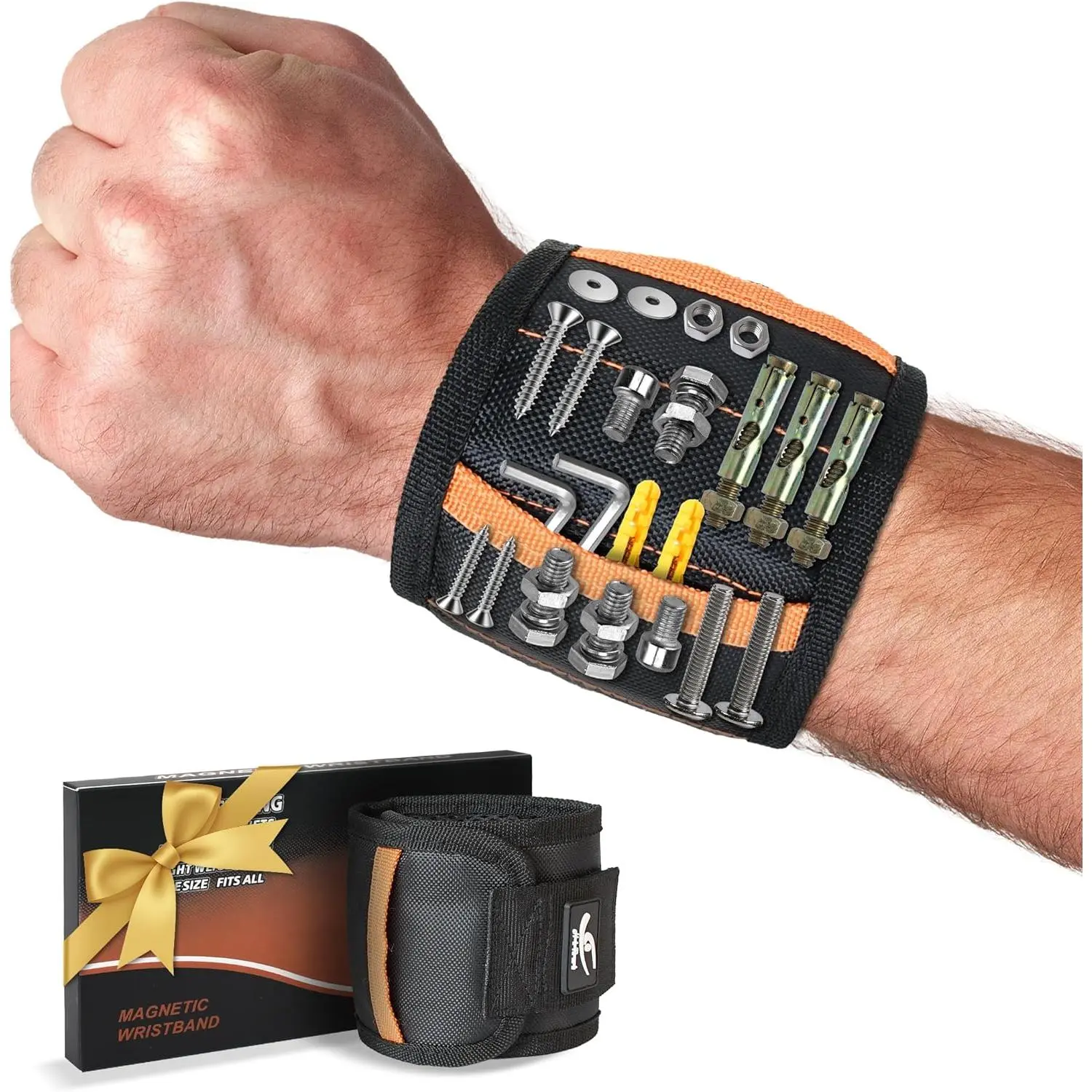 Wristband for Tools – Ultra- 15 Neodymium  Hold Screws, Nails & Bits,  Pockets – Hands‑Free for DIY,  Repairs, Auto – ‑ for Dad, Husband, Grandpa (Black)