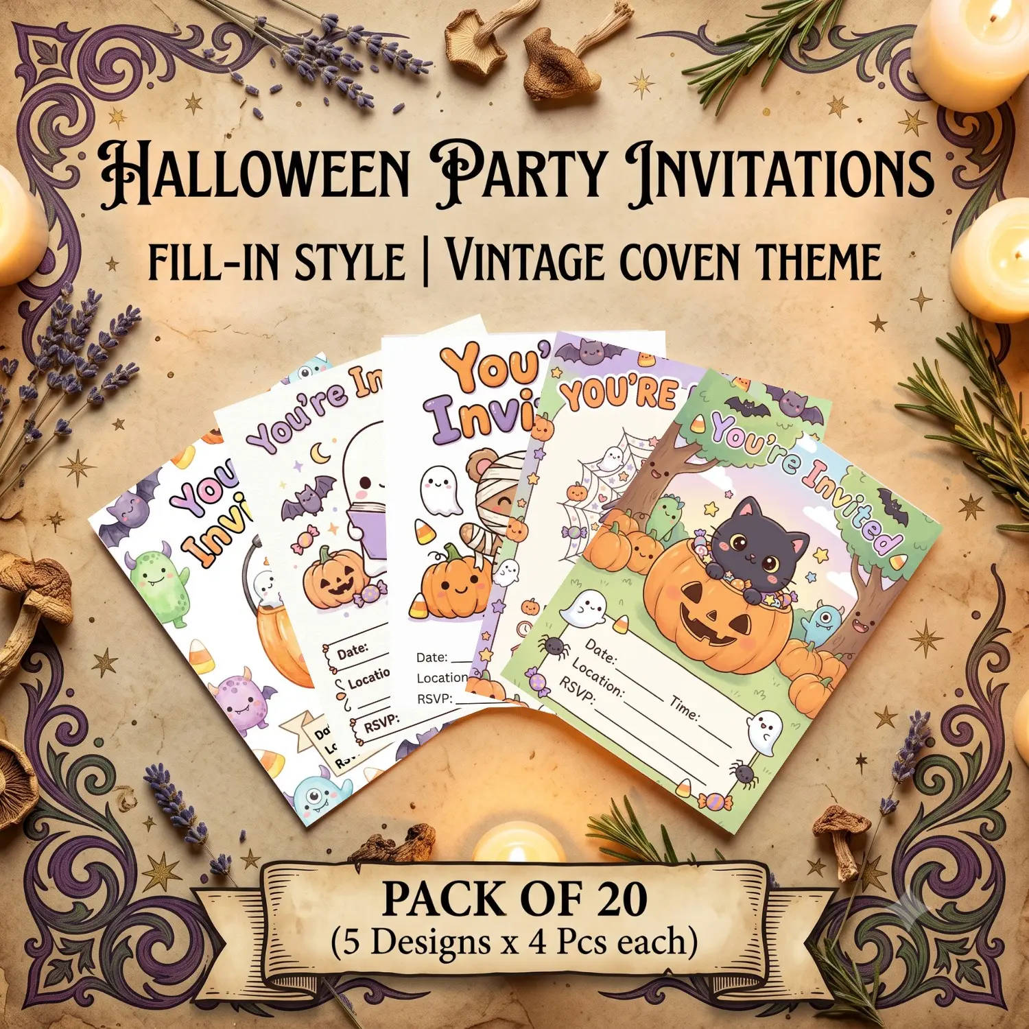 Kawaii Halloween Party Invitations Set, 20 Pack 5x7 Inch Fill-In Cards with Envelopes, Cute Design for Festive Celebrations