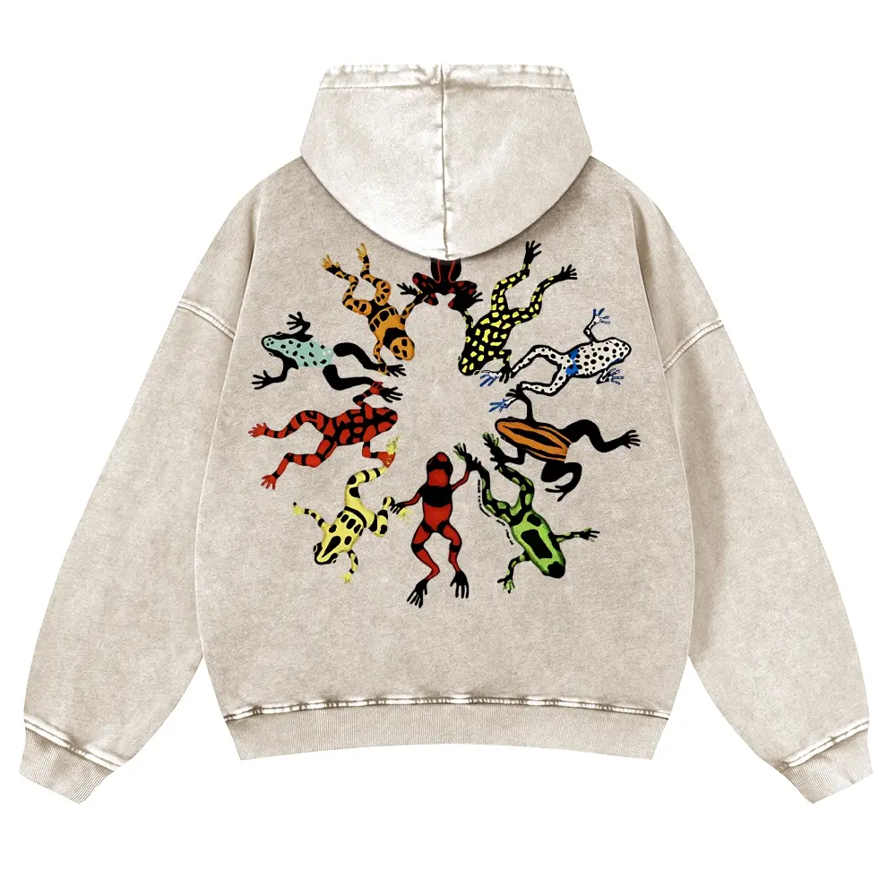 Menswear Vintage Poison Dart Frog Graphic Hoodie - Oversized Soft Thick Cotton Acid Wash Beige Pullover Sweatshirt, Retro Colorful Rainforest Frog Aesthetic Gorpcore Nature-core Streetwear Top for Men