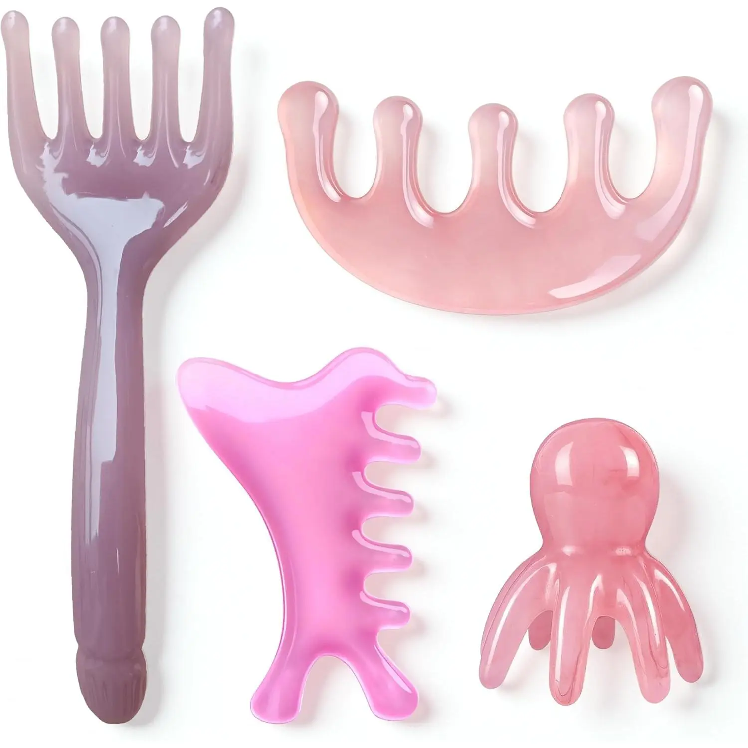Pink Resin Manual Scalp Massager Kit - 4-Pc All-in-1 Body Care Tools (Scalp Comb, Gua Sha, Octopus, 5-Claw) for Daily Stress Relief, Acupressure - Ideal Christmas Gift, Portable, Hand, Adults, Relaxing, Headaches, Manual Scalp Massager Set
