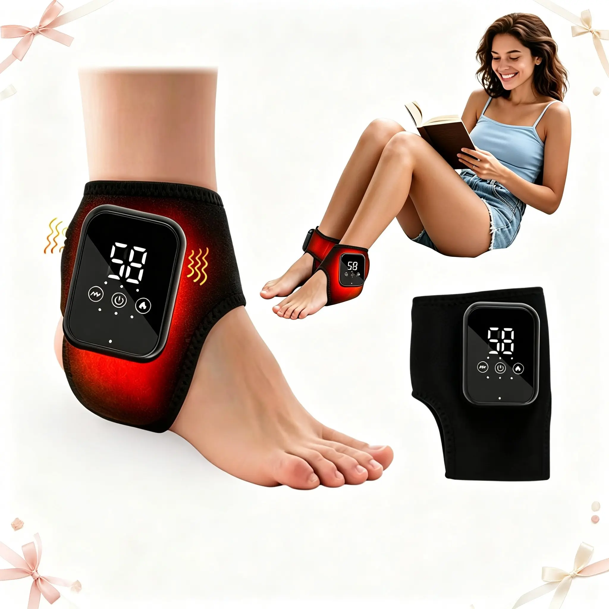Wireless Rechargeable Heated Ankle Massager Wrap, 3 Heating Modes, Adjustable Vibration, Type-C Charging, Breathable Fabric, Sports Recovery