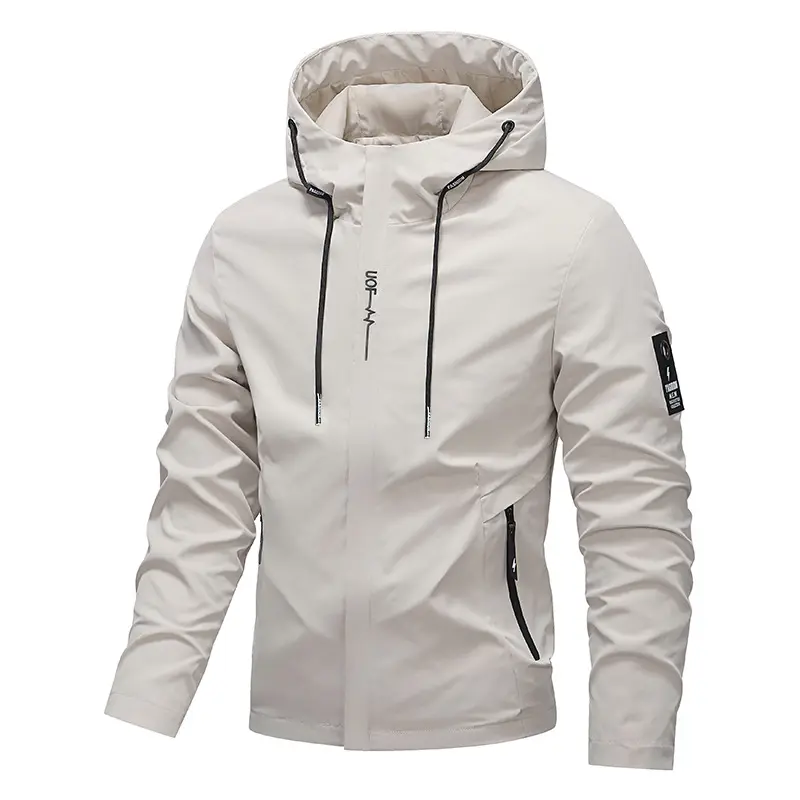 men hooded windbreaker, lightweight casual jacket, full zip outdoor coat, drawstring hood wind jacket, zipper pocket streetwear outerwear, solid color travel windbreaker