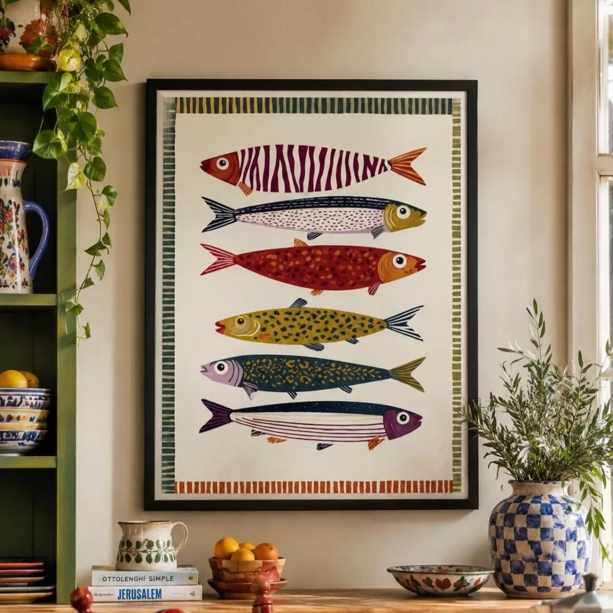 Fish Shape Wall Decor, Colorful Coastal Fish Pattern, Nautical Kitchen Decoration, Fun Sardine Art, Beach House Wall Art, Framed or Unframed