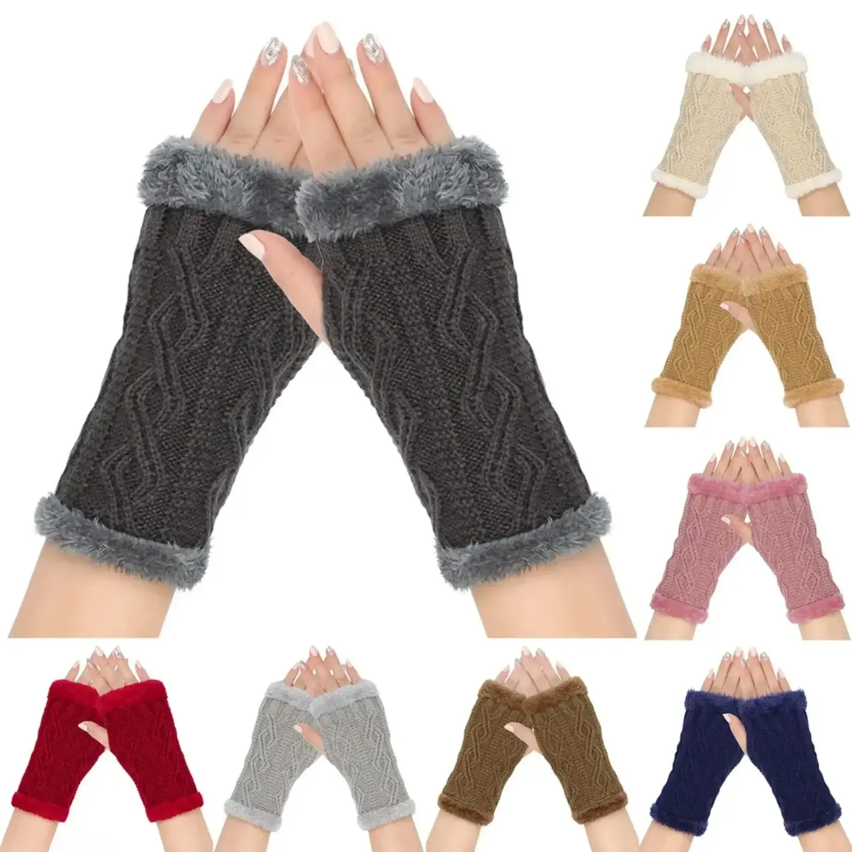Diamond Knit Fingerless Gloves with Plush Cuffs, Thick Wool Warm Winter Hand Warmers, Soft Fleece Lined Knitted Half Finger Mittens, Warm Thermal Accessories for Autumn Winter Daily Wear, Typing, Outdoor Walking & Casual Street Outfits