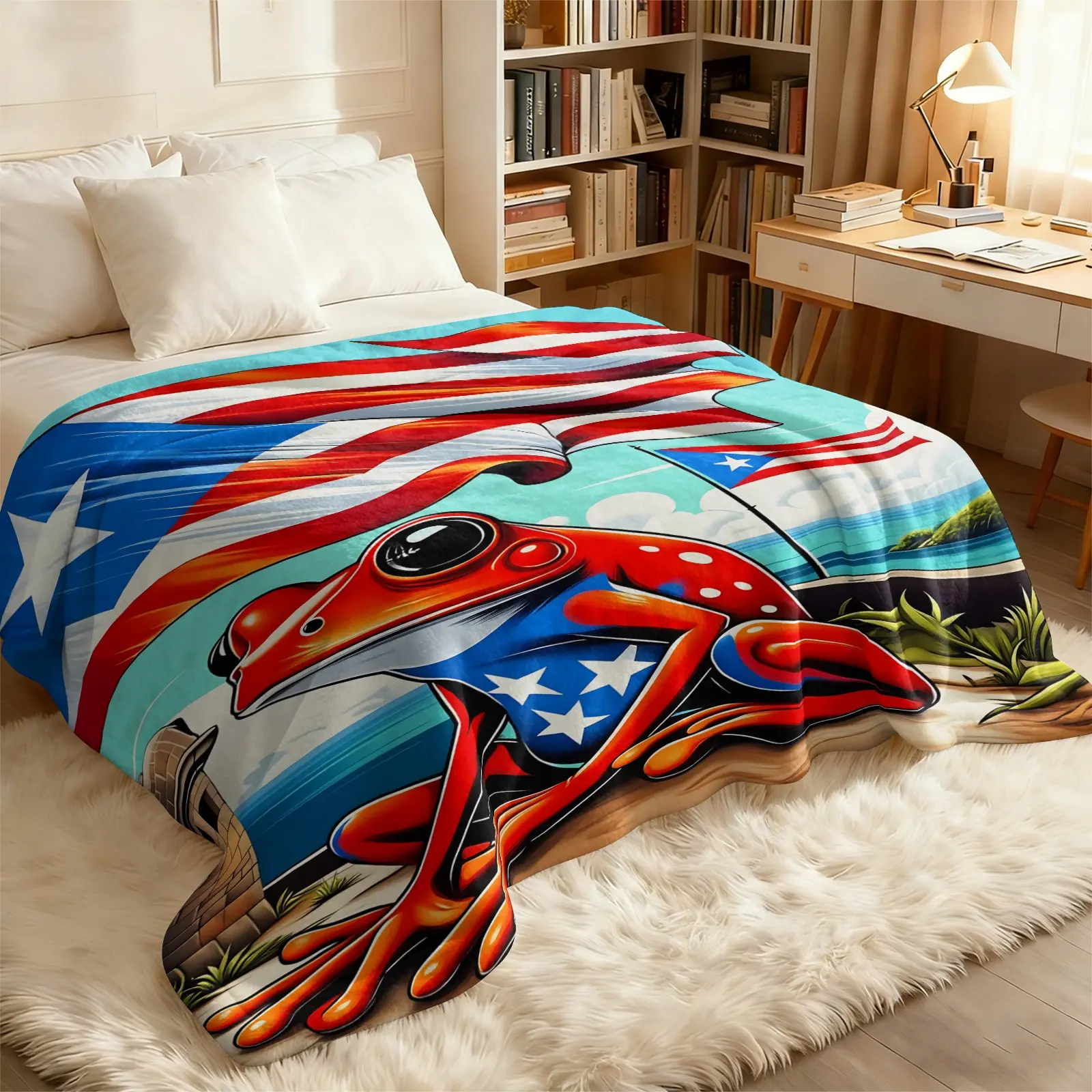 Waving Puerto Rico Flag Throw Blanket, Red Spotted Coqui Frog El Morro Fort Coastal Seaside Sky Print Soft Flannel Blanket, Caribbean Latino Boricua Pride Decor Blanket for Sofa Couch Bed Travel Camping All Season Use