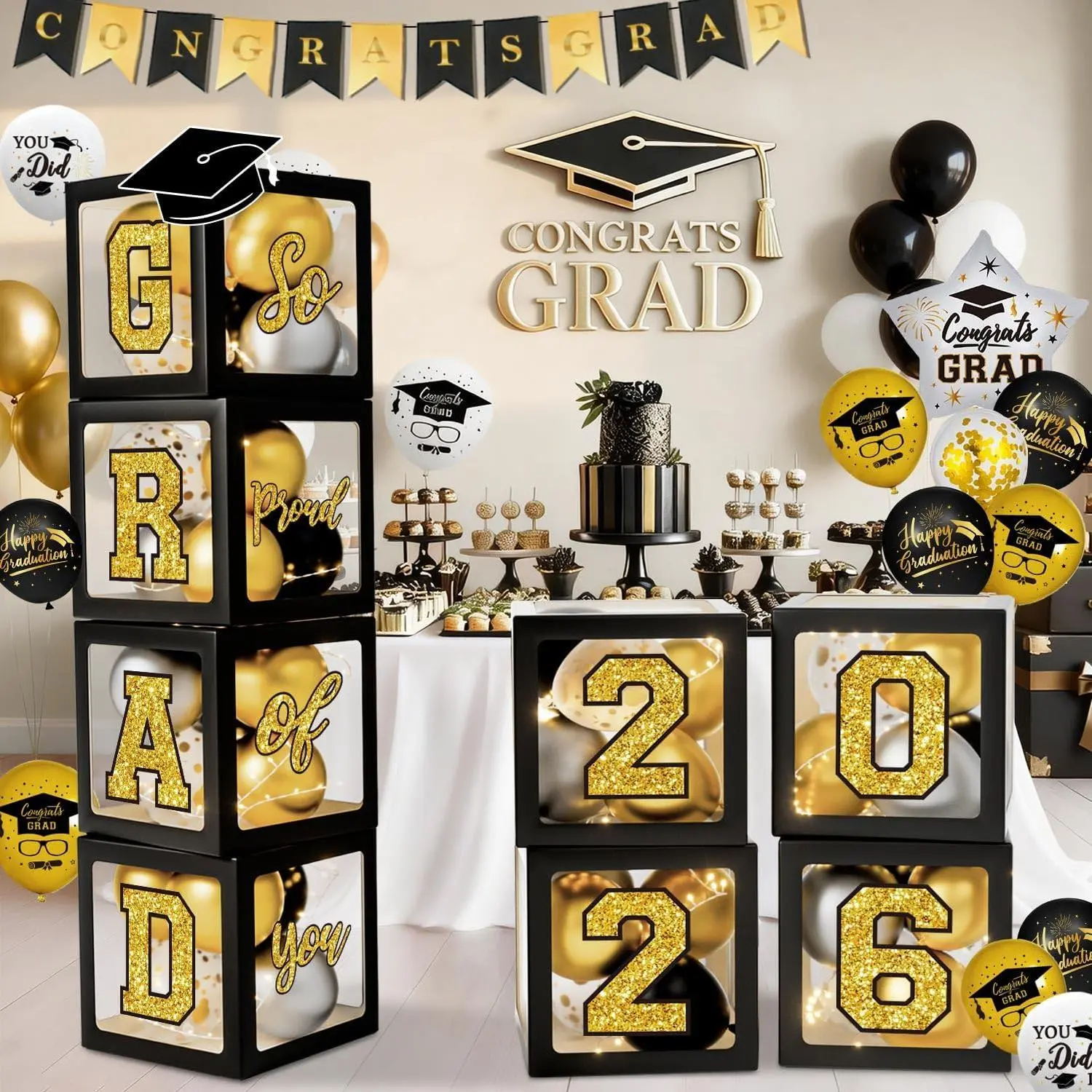 2026 Graduation Decorations Kit - Black & Gold Elegant Party Supplies, Burst-Proof, Reusable, Includes 4 Paper Balloon Boxes, Grad Letters, So Proud of You Lettering, 2026 Numbers, 1 Glue Dot Sheet, 2 Ribbons for College Celebration Photo Setup, Easy Inst