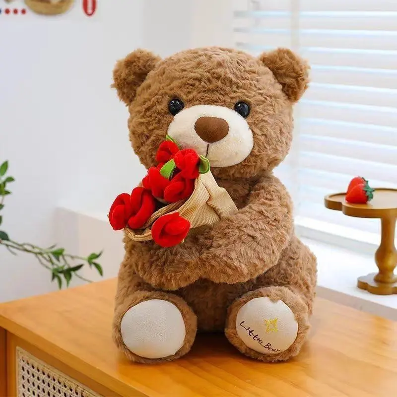 Plush Teddy Bear Holding Roses｜Romantic Stuffed Animal for Birthday Anniversary Gift