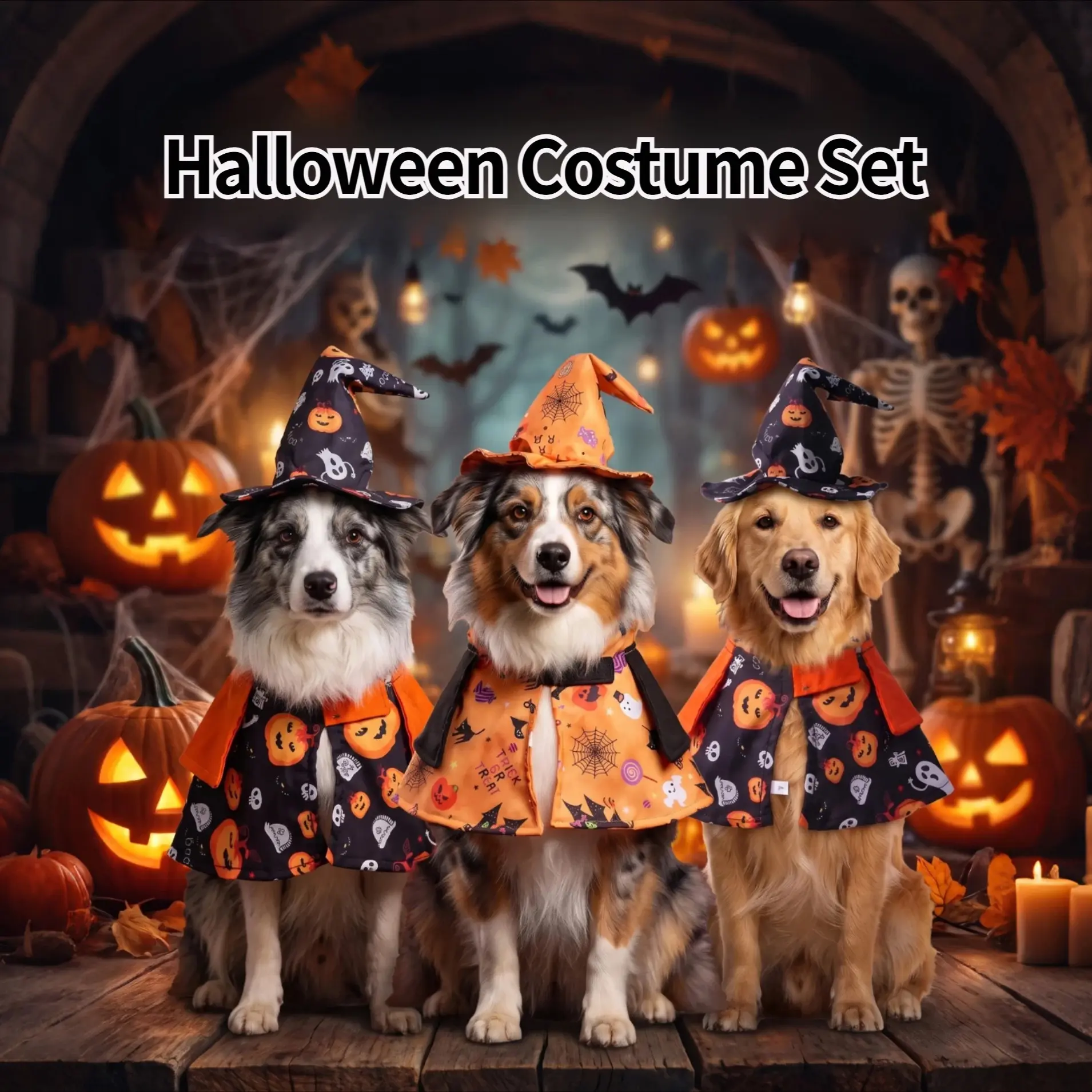 Pet Halloween Costume Set for Cats and Dogs, Pumpkin Wizard Hat Cape, Fun Photo Props, Holiday Pet Accessories, Funny Dress-Up