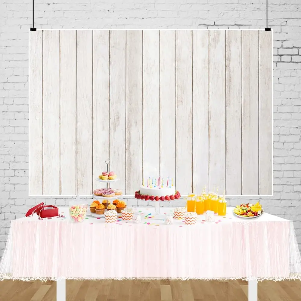 2D Falt Rustic White Wood Backdrop Polyester Vintage White Gray Wooden Floor Wall Plank Baby Shower Birthday Party Photography Background for Wedding Newborn Kids Adult Photo Studio Props