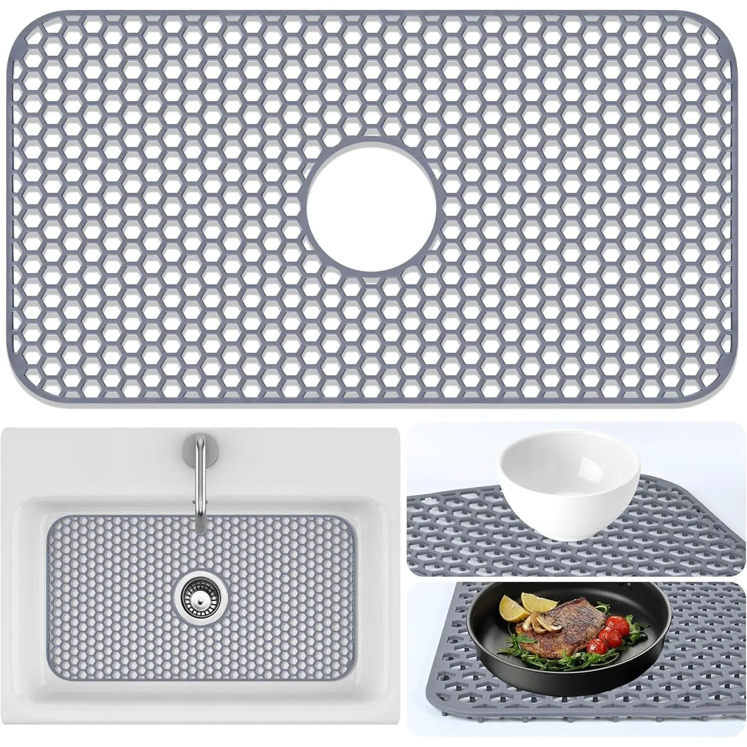 Sink Protectors Mat 25.79x13.98 inch Kitchen Sink Pad for Bottom of Basin Protection of Stainless Steel and Tableware Farmhouse Rubber Basin Mat Protector with Center Drain Light Gray