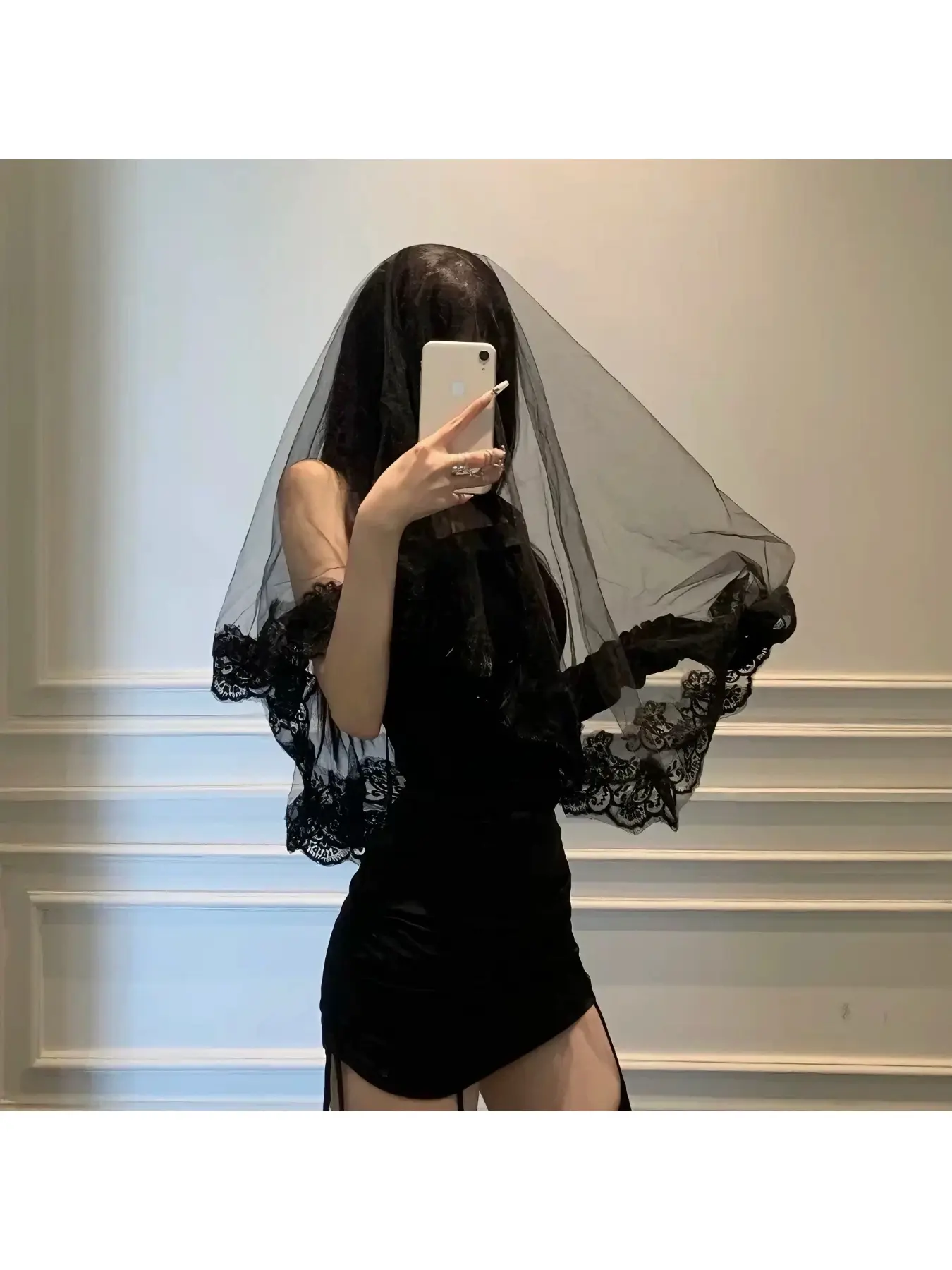 Black lace veil gothic virgin mary vampire bride dress props with tiara Accessories