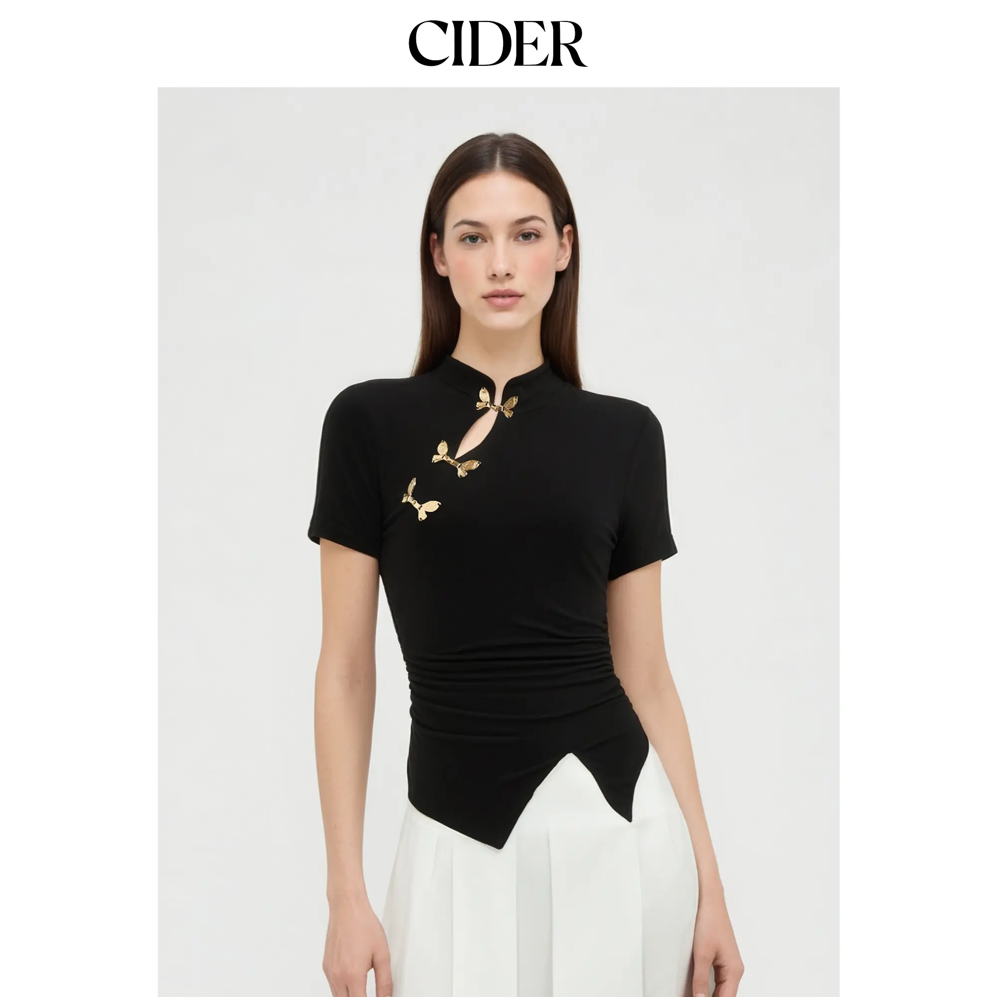 Cider Mandarin Collar Ruched Split Top