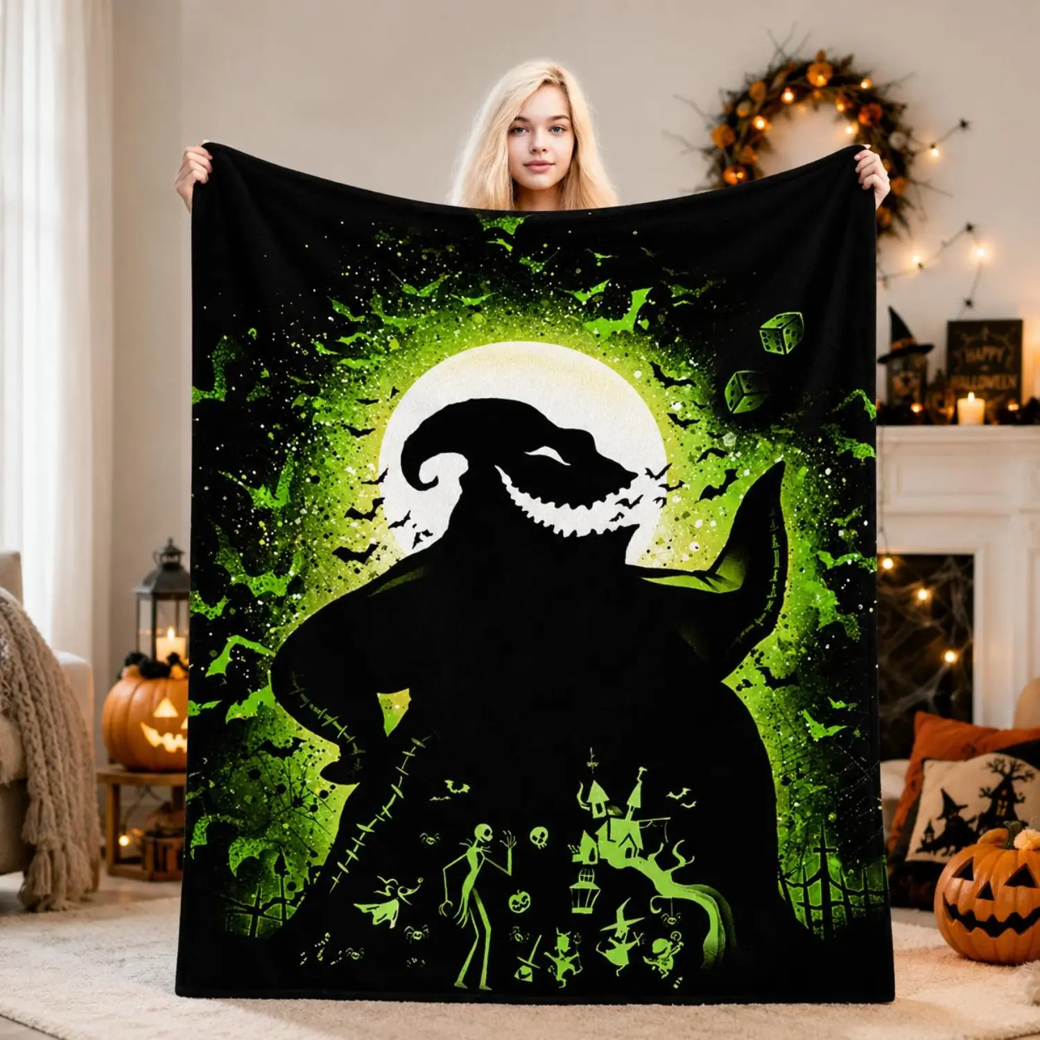 Oogie Boogie Cartoon Print Knitting Flannel Blanket - Soft Warm Neutral Multi Purpose Throw, Bedding Linen for Living Room Sofa, Ideal Home Gift, Blankets for Sofa