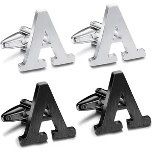 2 Pairs Letter A Stainless Steel Cufflinks for Men, Personalized Initial Alphabet Cuff Links, Silver Steel Tone & Matte Black Minimalist European New Suit Wedding Business Jewelry Gift for Him