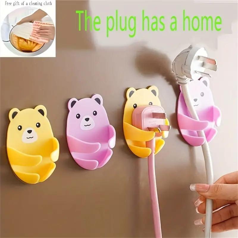 Multi Functional Hooks, 4 Counts/set Cartoon Hug Bear Non Drilling Adhesive Hook, Plug Hook, Power Socket Holder, Kitchen Bear Plug Storage Hook Wall