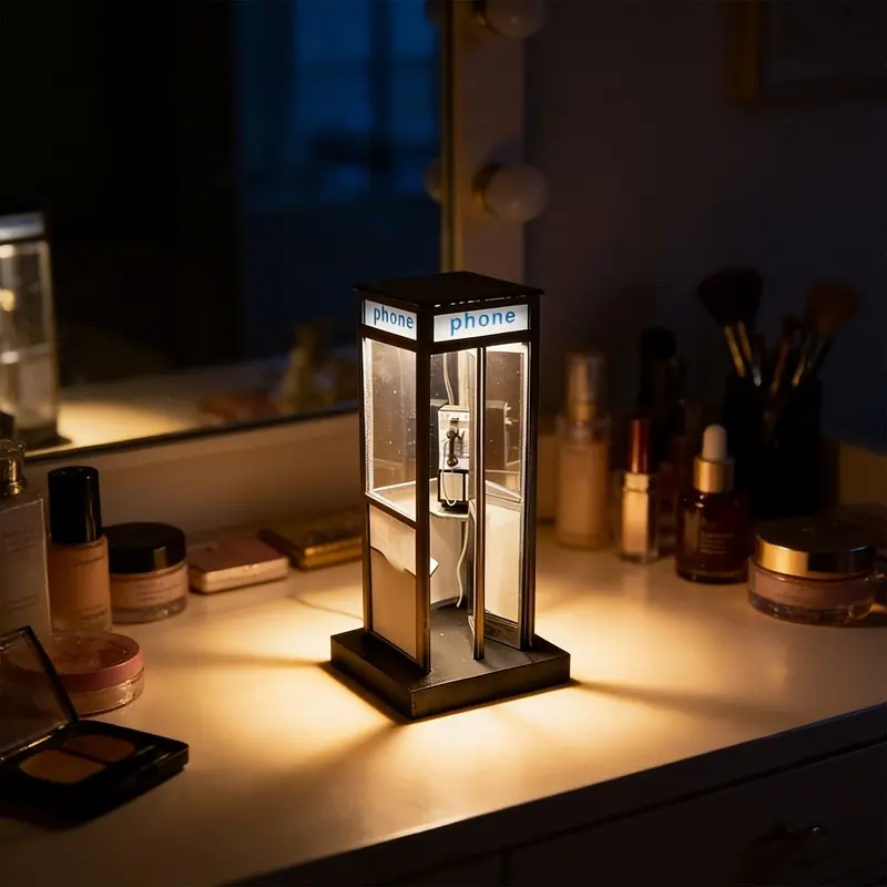 Vintage Wooden Phone Booth Lamp, Warm Glow Decorative Night Light, Retro Desk Lamp for Bedroom, Makeup Vanity, Study Room, Shelf and Cozy Home Decor