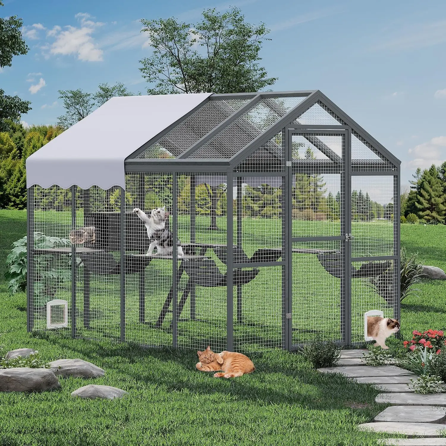 Large Outdoor Cat Enclosure – Wooden Catio with Canopy, Bridges & Platforms, Weather Cover for Multiple Cats, 70"W x 92"D x 76"H