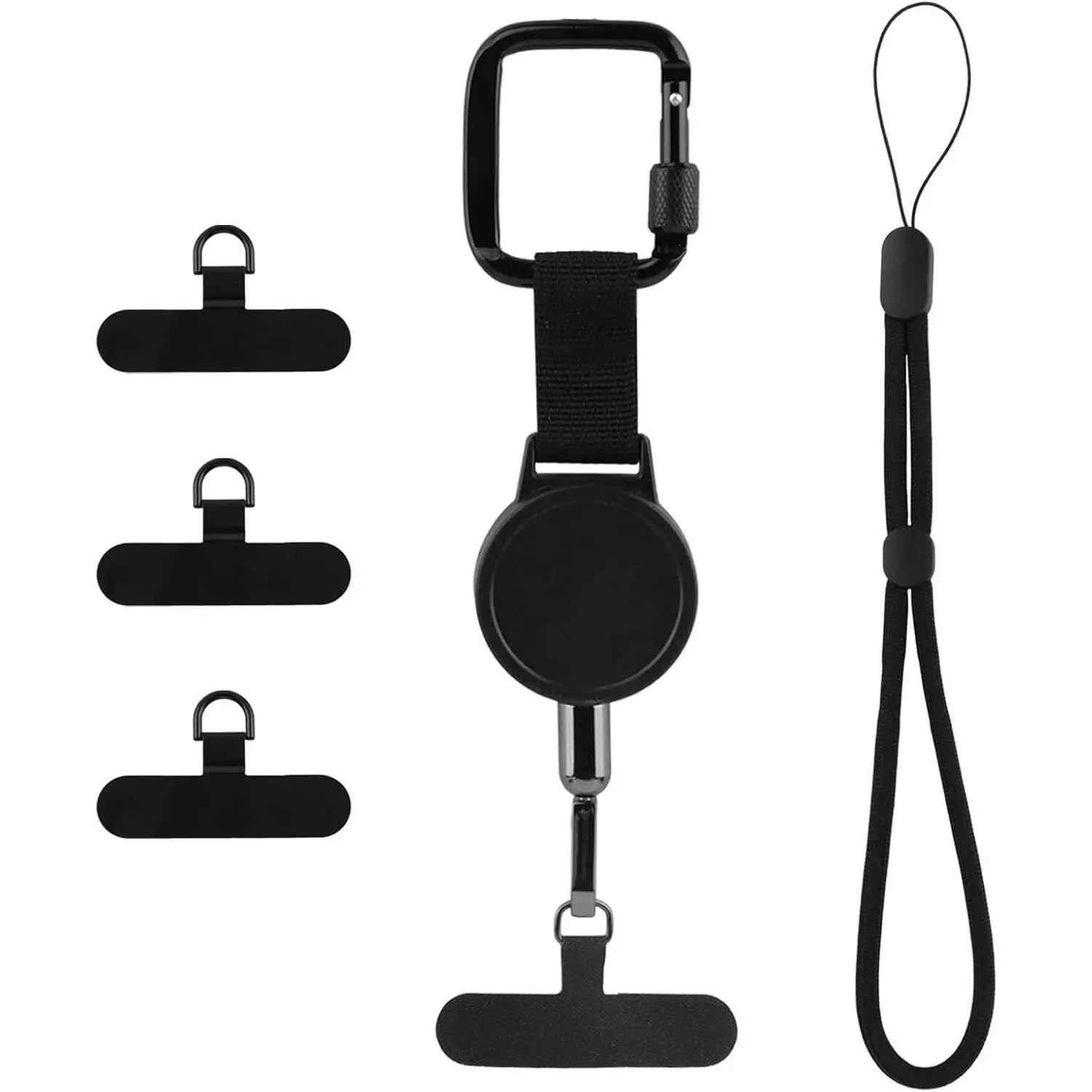 Anti- Phone Tether with Locking Carabiner Black | Outdoor Retractables Phone Lanyard, Retractable Buckle and 4 Pads, Adjustable Steel Line, For Hiking Skiing and Climbing