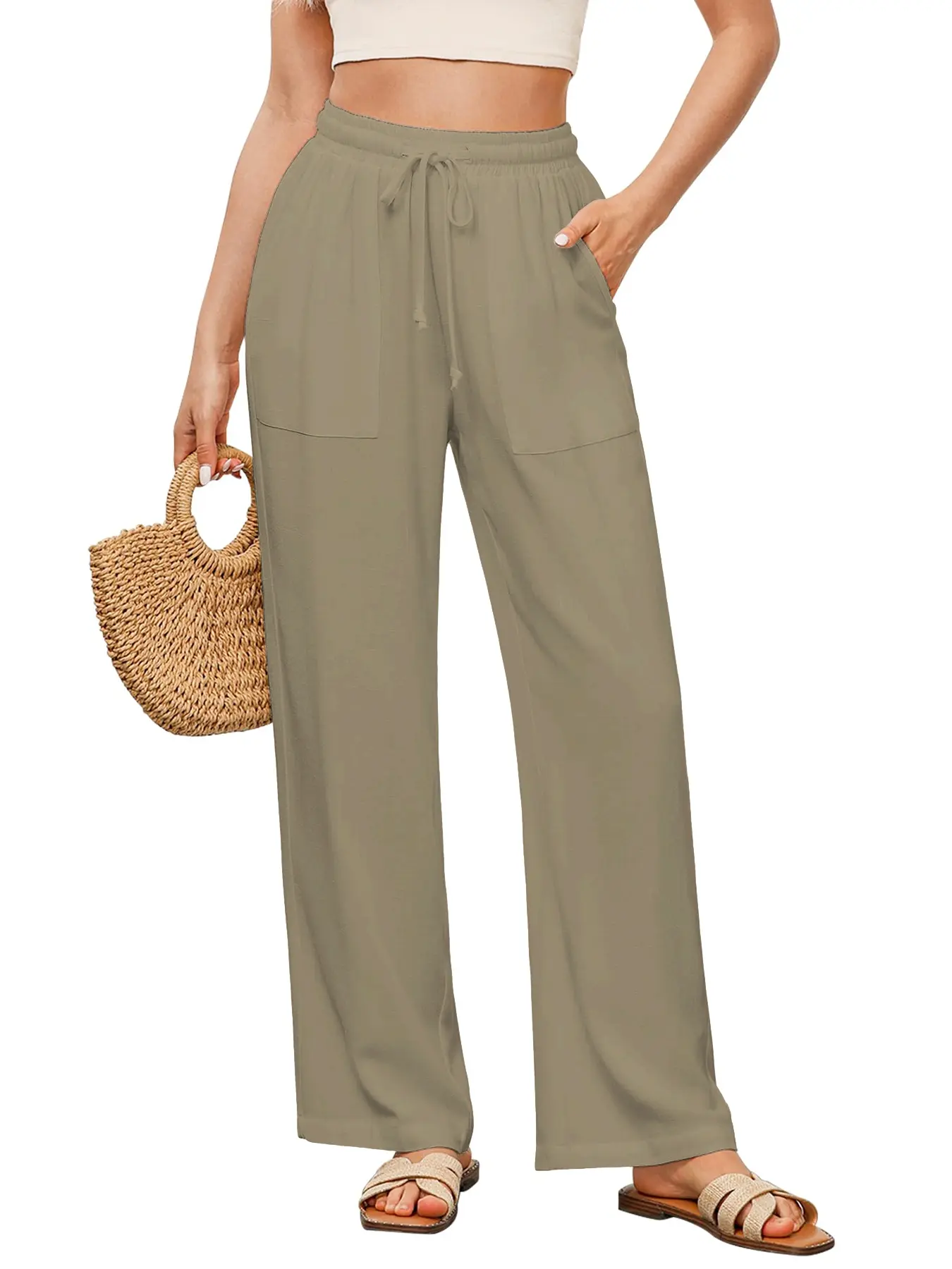 Women's Casual Loose-Fit Linen Wide Leg Pants, High Waist Adjustable Drawstring Straight Leg Pocket Design, All Season Comfortable Woven Fabric