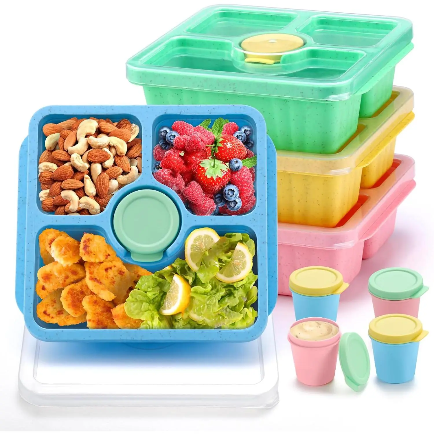 Bento Snack Box for Adults , Lunchable Meal Prep Container , 4 Pack Divided  Storage With , Stackable Lunch Box With Sauce Cups, Pastel