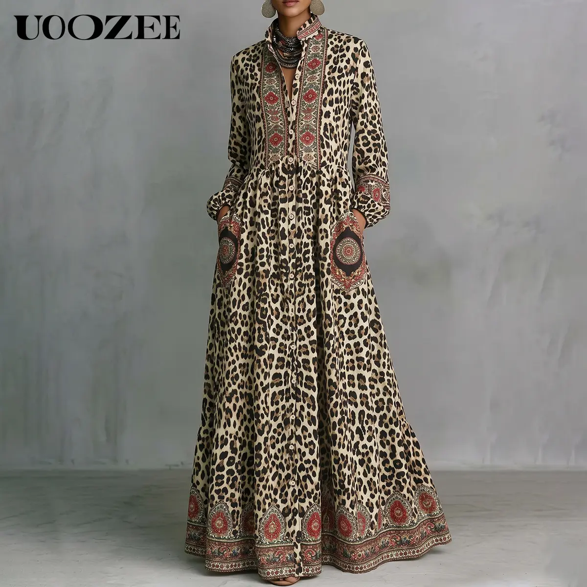 UOOZEE Women's Boho Leopard Print Maxi Dress, Silky Satin Long Sleeve Stand Collar Button Down Gown, Flowy Smart Casual Style with Pockets