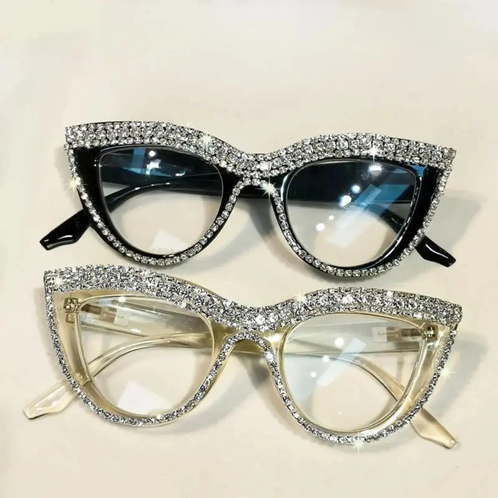 2-Pack Rhinestone Cat Eye Blue Light Glasses For Women, Full Rim Sturdy Frame With Clear & Black Options, Premium PC Anti-Blue-Light Lenses Fashion Decorative Daily Eyewear
