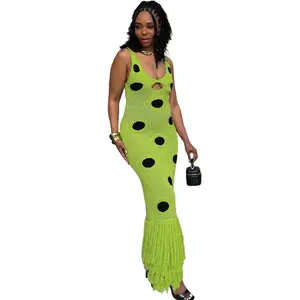 Women's Lime Green Polka Dot Knit Maxi Dress with Tassel Hem & Cutout Detail