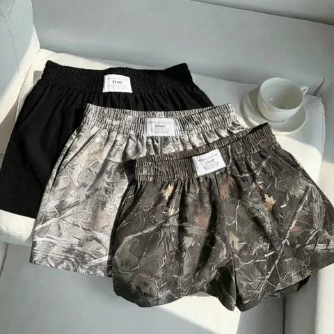 Women's Vintage Camo Camouflage Shorts Set Loose Fit Elastic Waist, Breathable Summer Casual Wear, Letter Waistband with Pockets, 3-Piece, Fashion Camouflage Shorts
